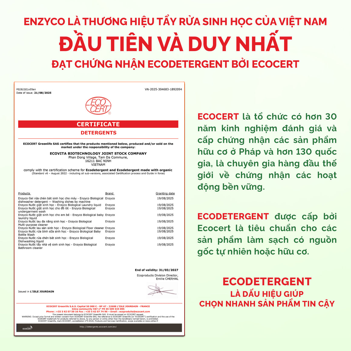 Enzyco Gel rửa chén bát sinh học cho máy - Đạt chứng nhận Ecodetergent bởi Ecocert - Chai 850ML