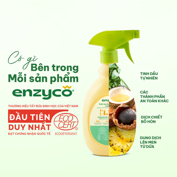 Nước lau đa năng sinh học Enzyco từ bồ hòn và dứa - đạt chứng nhận Ecodetergent bởi Ecocert - Hương nhu- 265 ML