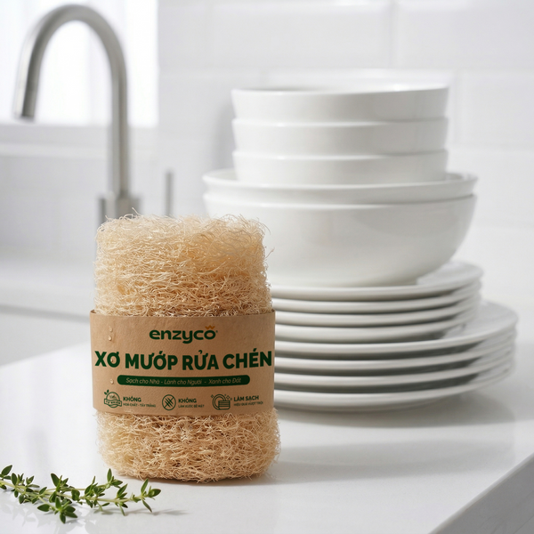 Xơ mướp rửa chén Enzyco - 100% xơ mướp tự nhiên, không tẩy trắng, sạch sâu mọi bề mặt,an toàn da tay,thân thiện môi trường