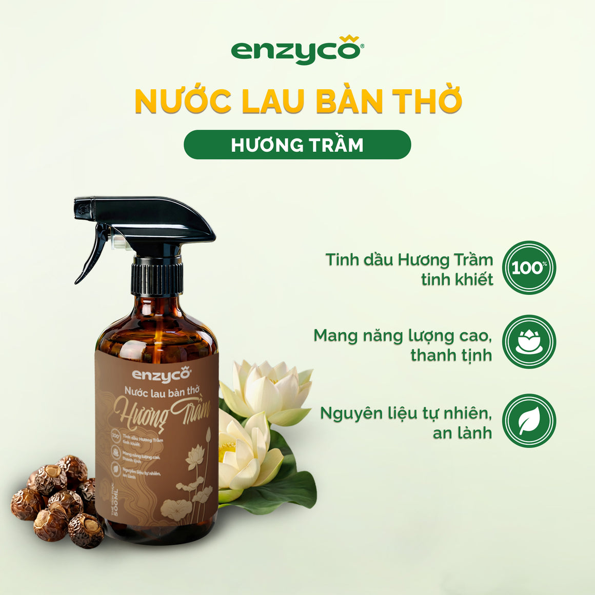 Nước Lau Bàn Thờ Hương Trầm Enzyco 500ml – Nước Bao Sái Bàn Thờ Ngày Tết, Lau Đồ Thờ mang lại không gian thờ linh thiêng.