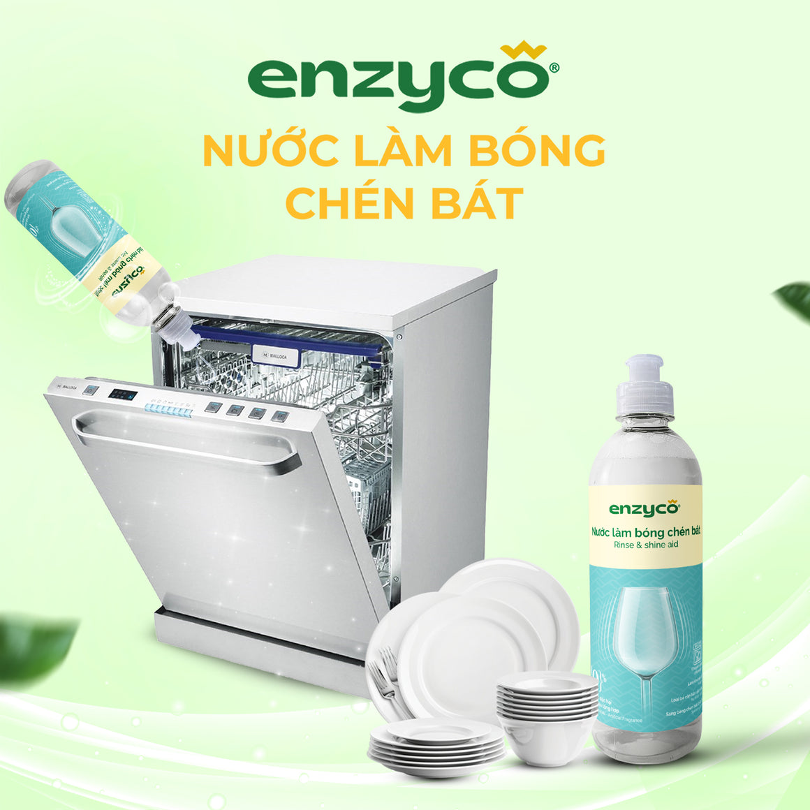 Nước Làm Bóng Chén Bát Enzyco 500ml – Làm khô nhanh, sáng bóng, an toàn từ Axit chanh & Dầu dừa