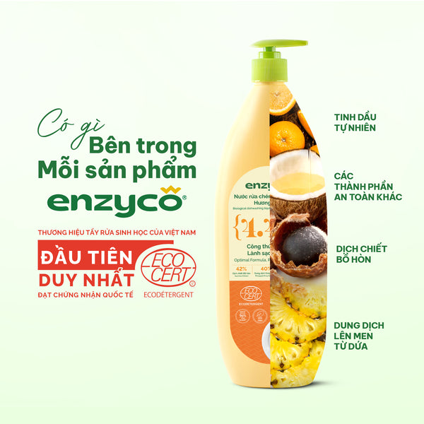 Nước rửa chén bát sinh học Enzyco từ bồ hòn và dứa - đạt chứng nhận Ecodetergent bởi Ecocert | Hương cam - 465ml