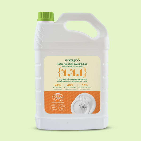 Nước rửa chén bát sinh học Enzyco từ bồ hòn và dứa - đạt chứng nhận Ecodetergent bởi Ecocert | Hương cam - 4L